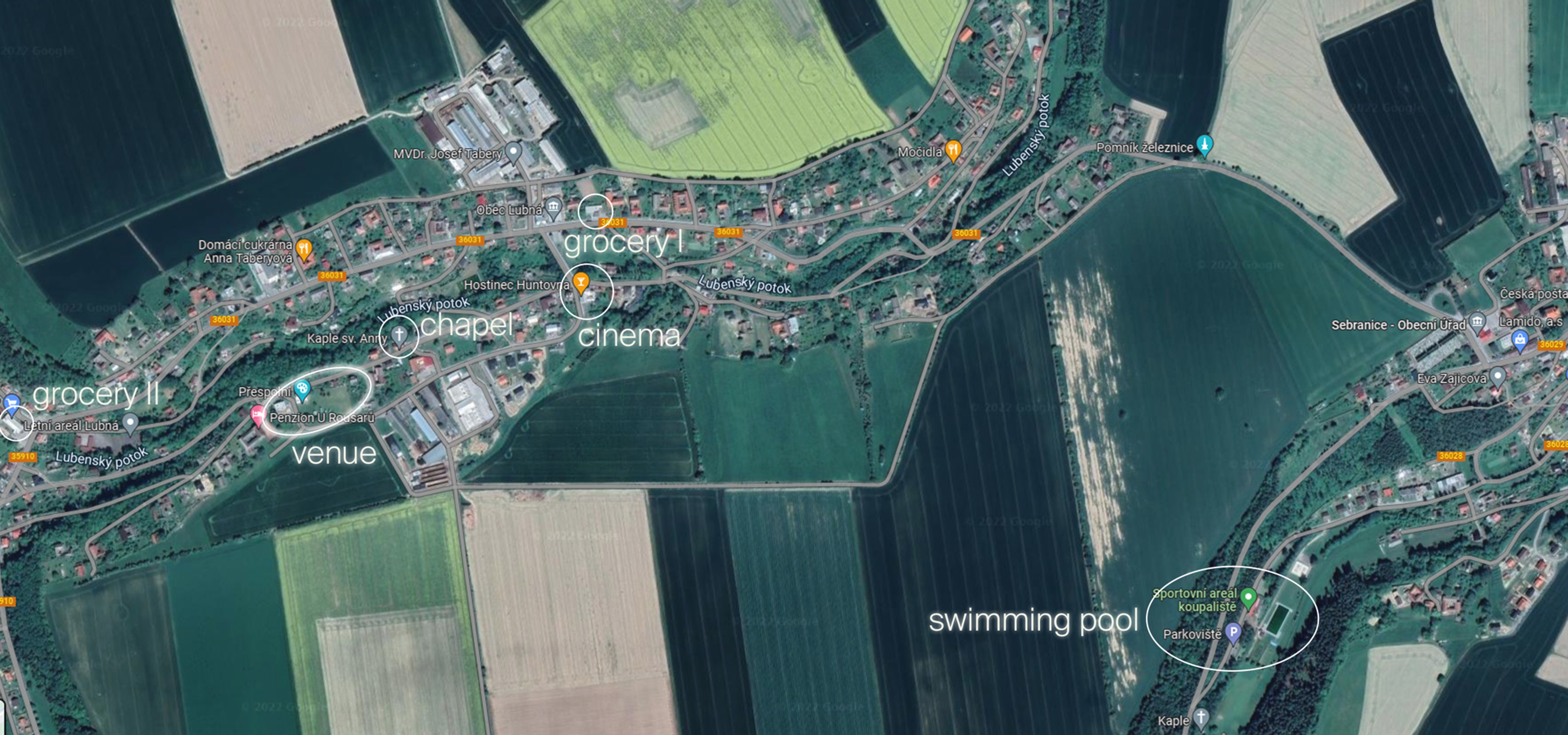 Festival location map showing Lubná area with venue, groceries, cinema and swimming pool